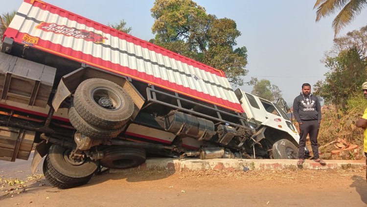 रस्ता चौपदरीकरणासाठी तोडलेल्या झाडामुळे ट्रकचा अपघात