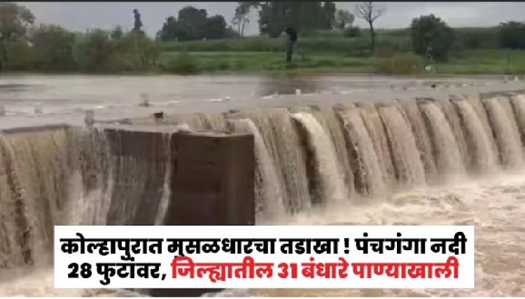 कोल्हापुरात मुसळधार सुरूच ! पंचगंगा नदी २८ फुटांवर, जिल्ह्यातील ३१ बंधारे पाण्याखाली